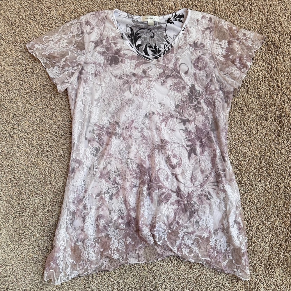 Lace Overlay Short Sleeve Top in Light Lavender - Picture 13 of 15